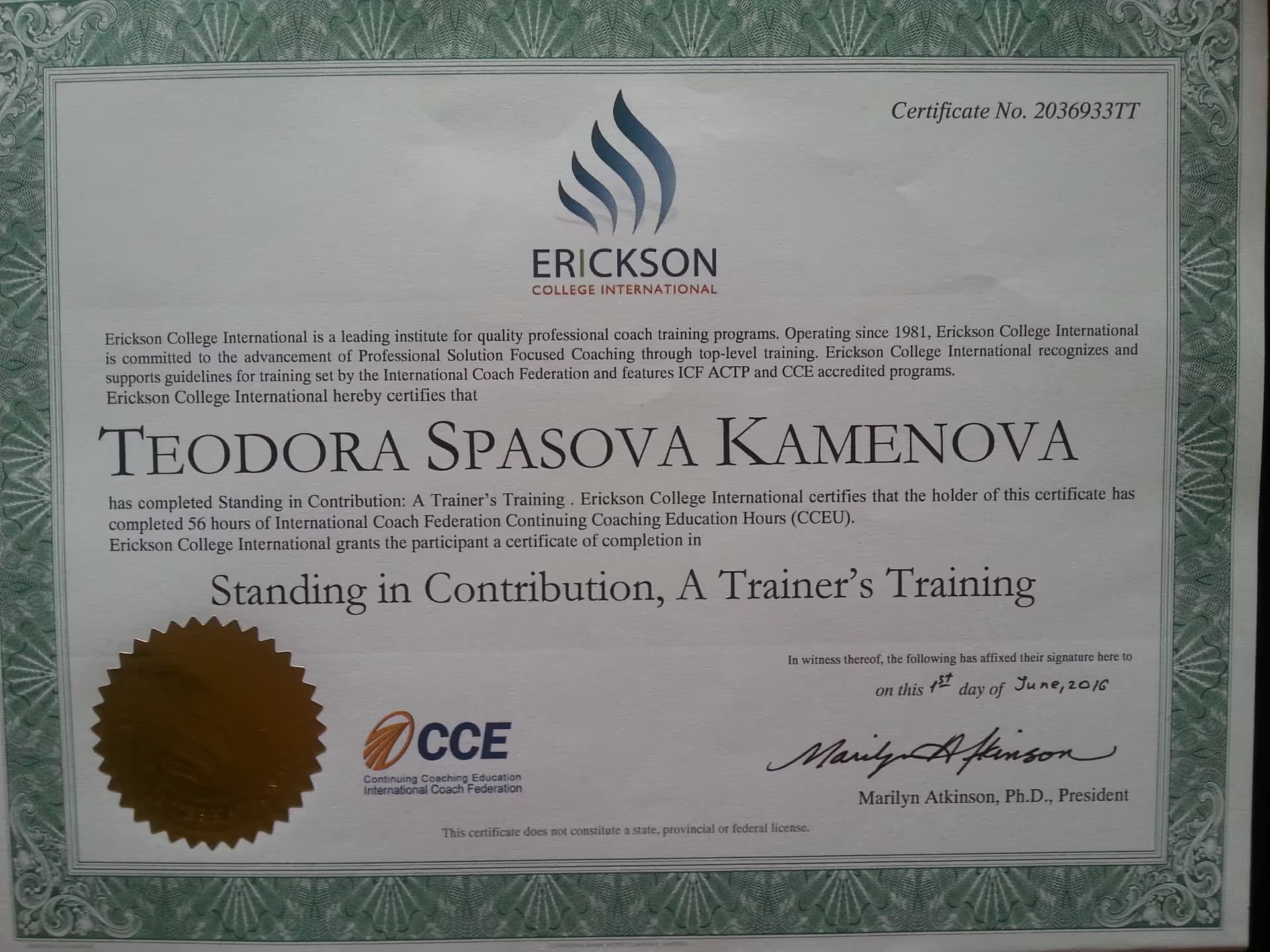 Standing in Contribution, A Trainer's Training — Erickson College International
